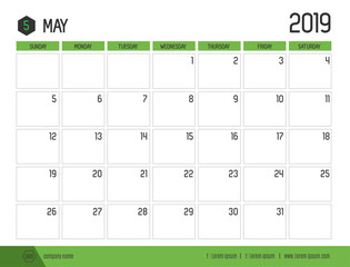 Vector of modern green calendar 2019 ( May ) in simple clean table style.full size 21 x 16 cm; Week start on Sunday