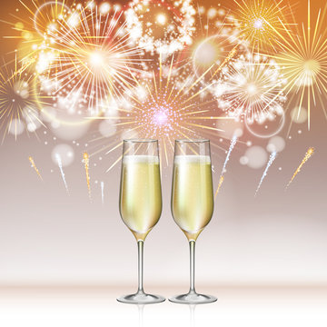 Realistic vector illustration of champagne glasses on holiday golden firework background