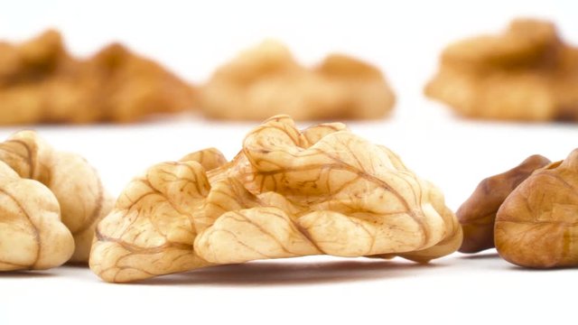 Two rows of walnuts without the shell are moving horizontally from one side of the frame to other. Isolated on the white background. Close-up. Macro.