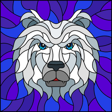 The illustration in stained glass style painting with a with polar bear head , on purple background, square image