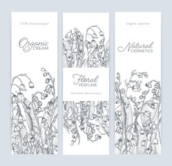 Obraz premium Bundle of vertical banner, label or tag templates with gorgeous woodland lily of the valley blooming flowers and place for text. Monochrome vector illustration for natural cosmetics or perfume promo.