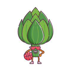 Funny cartoon artichoke character, humanized vegetable doing sport icon. Smiling basketball player ready to play. mascot in sunglasses and sneakers.