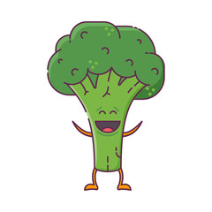 Smiling green broccoli icon. Quirky vegetable broccoli or cabbage vegan character. Vegetarian mascot in flat design.