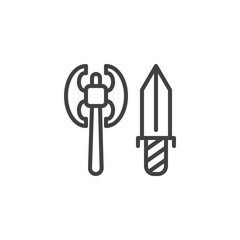 Battle ax and sword outline icon. linear style sign for mobile concept and web design. Antique medieval weapon simple line vector icon. Symbol, logo illustration. Pixel perfect vector graphics
