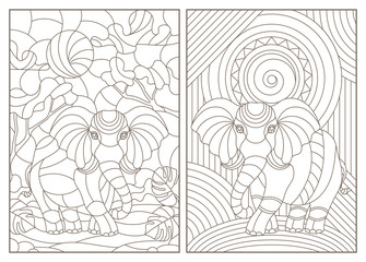 Fototapeta na wymiar Set of contour illustrations of stained glass Windows with elephants, dark contours on a white background