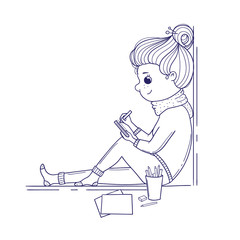 Cute girl for coloring book. Cute doodle Girl sits and draws