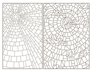 Obraz premium Set of contour illustrations in stained glass style with abstract celestial landscapes, dark contours on white background