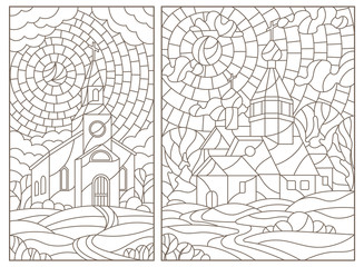 Naklejka premium Set of contour illustrations in stained glass style with Christian churches on landscape background, dark contours on white background