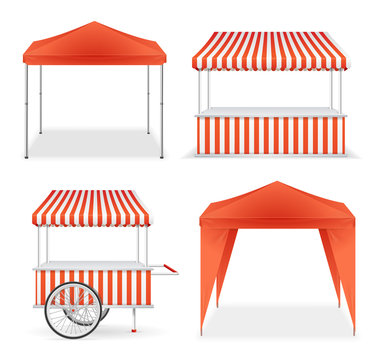 Realistic Detailed 3d Red And Striped Blank Market Stall Template Mockup Set. Vector