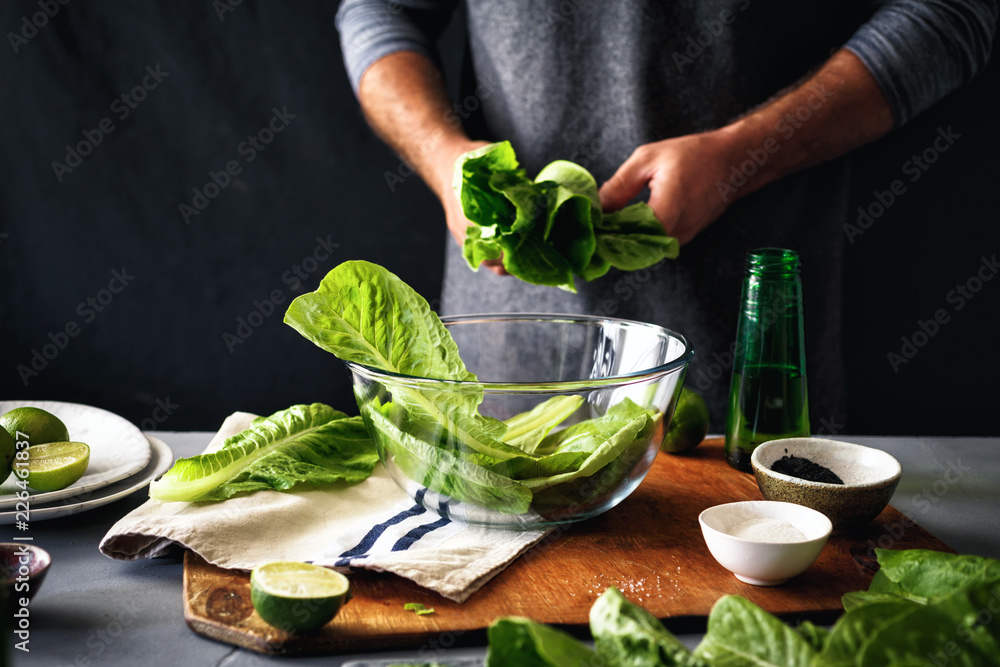 Poster Man cooking green detox salad romaine lettuce Healthy food