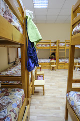 Obraz na płótnie Canvas Moscow, Russia - September, 24, 2018: Interior of a kindergarten bedroom with two-level beds in Moscow privet school