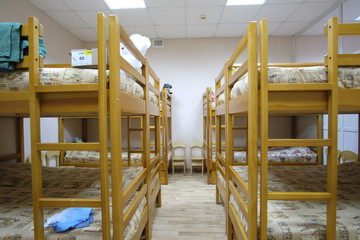 Moscow, Russia - September, 24, 2018: Interior of a kindergarten bedroom with two-level beds in...