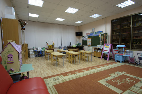 Moscow, Russia - September, 24, 2018: Interior of a modern school classroom in Moscow priver school