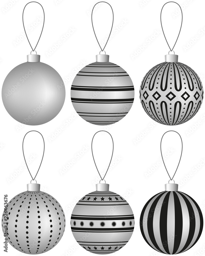 Aufkleber collection of gray christmas balls with pattern hanging on a thread. vector eps 10