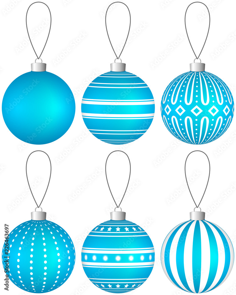 Poster collection of light blue christmas balls with pattern hanging on a thread. vector eps 10