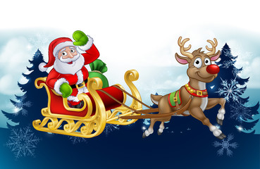 Santa Claus in his sleigh pulled by reindeer with winter landscape background Christmas cartoon 