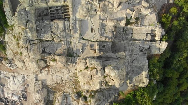Top view of the ancient Thracian city of Perperikon in the Eastern Rhodopes, Bulgaria. Aerial drone footage