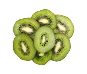 Fototapeta premium Kiwi fruit slices isolated on white background, top view