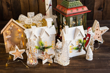 Beautiful Christmas elements of a decor on a dark wooden background