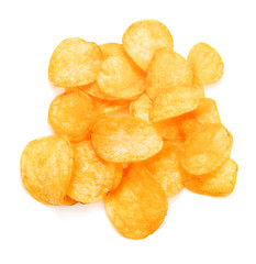 top view of heap of potato chips isolated on white background