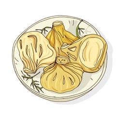 Elegant drawing of boiled or steamed Khinkali lying on plate