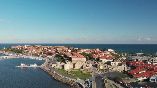 Aerial drone footage of Nessebar, ancient city on the Black Sea coast of Bulgaria