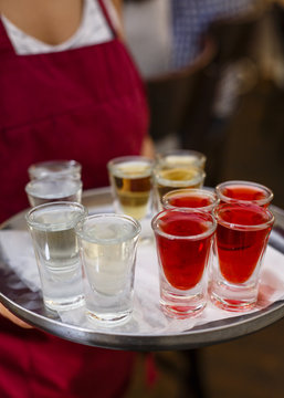 Tray of drinks at a restaurant, Jerusalem, Israel.