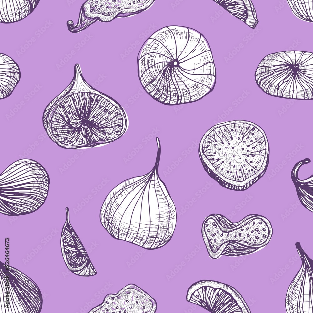 Poster elegant seamless pattern with delicious fresh and dried fig fruits hand drawn with contour lines on 