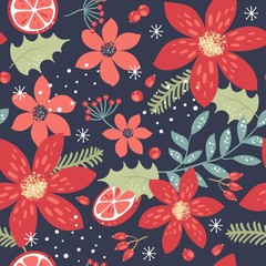 Materiał do szycia Christmas and New year floral seamless pattern for wrap paper or fabric design with branches, berries and flowers.