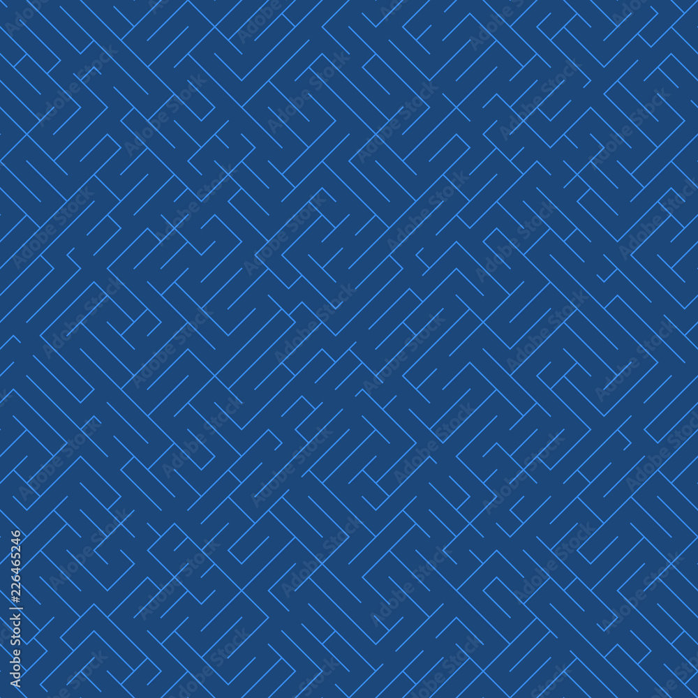 Poster labyrinth background. geometric irregular backdrop. abstract blue seamless line maze pattern.