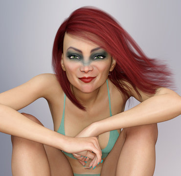 Lächelnde sitzende Frau mit Make-up und wehenden roten Haaren