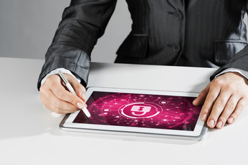 Internet security concept with woman working on media screen with stylus
