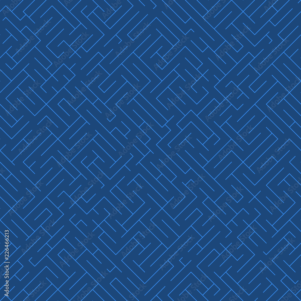 Poster labyrinth background. geometric irregular backdrop. abstract blue seamless line maze pattern.