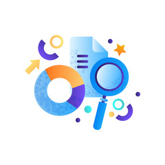 Business elements, diagram, magnifying glass and paper document, management, finance, strategy, marketing symbols vector Illustration on a white background