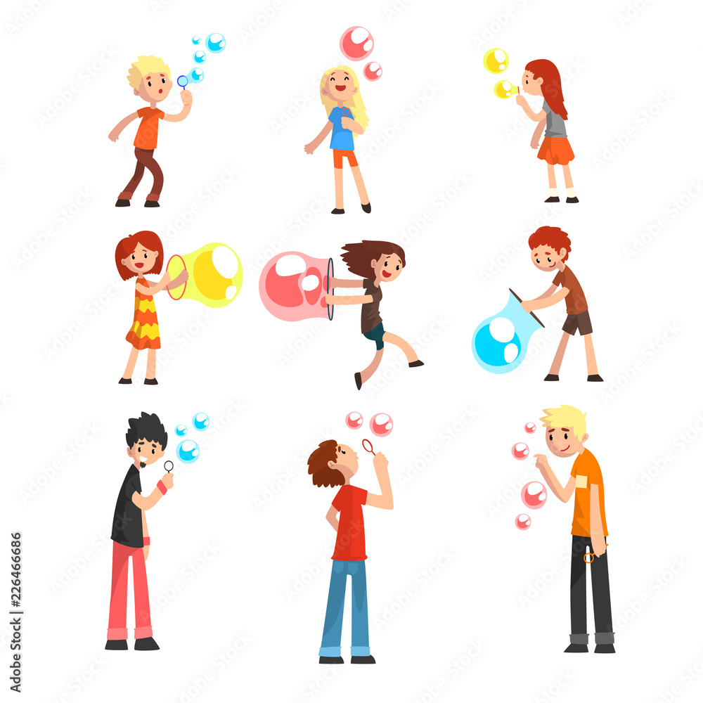 Wall mural Adults and children blowing soap bubbles set cartoon vector Illustration on a white background