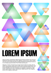 Book, textbook cover design. Abstract minimalist background with simple geometric elements, transparent multicolored pastel triangles on white background. Lorem ipsum example text, vector EPS10