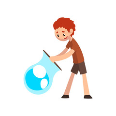 Smiling boy blowing big soap bubble with ring cartoon vector Illustration d on a white background