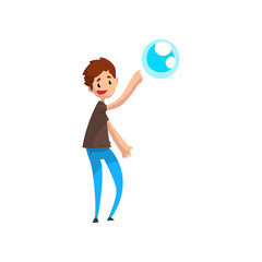 Teen boy pointing his finger at soap bubble cartoon vector Illustration on a white background