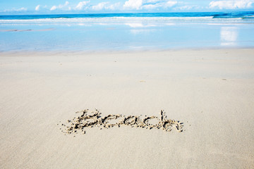 Wording of beach on sand.