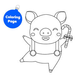 Coloring page. New Year pig holding candy cane. Educational children game. Drawing kids printable activity.