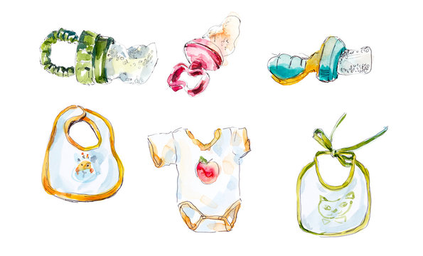 Little kids. Toys and objects of care. Watercolor hand painted illustration