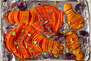 close-up of sliced pumpkins baked in an oven