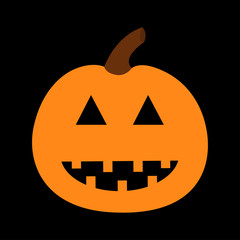 Happy Halloween pumpkin. Funny creepy smiling face. Cute cartoon baby character. Greeting card. Black background. Isolated. Flat design.