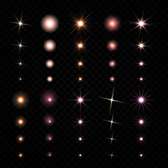 Vector set of twinkling stars, glare lighting effect. Collection of colored star energy on transparent background illustration