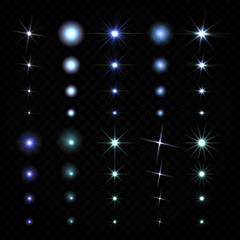 Vector set of twinkling stars, glare lighting effect. Collection of colored star energy on transparent background illustration