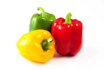 bell peppers over white background, Green, yellow and red Fresh bell pepper
