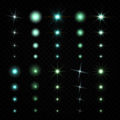 Vector set of twinkling stars, glare lighting effect. Collection of colored star energy on transparent background illustration