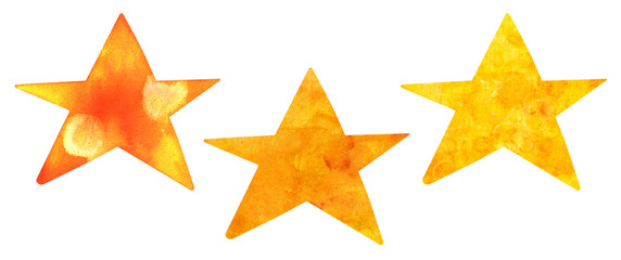 A set of watercolour drawings of golden stars, isolated on a white background