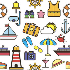 Summer vacation to seaside, holidays icons set vector