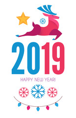 Fototapeta na wymiar Happy Ner 2019 Year! Christmas Design Template with Deer. Paper Art.